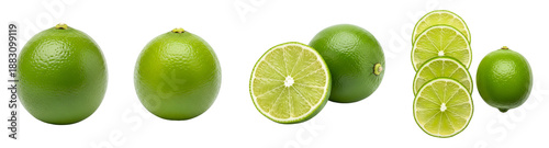 Fresh green limes and lime slices in various arrangements on transparent background