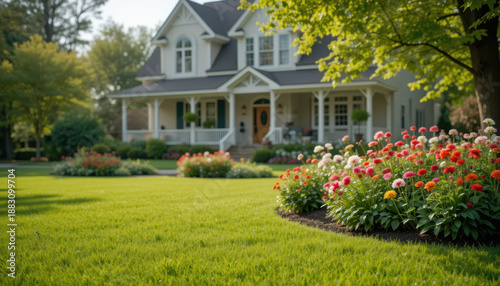 Beautiful spring landscape family home flower garden suburban area close-up view nature's serenity