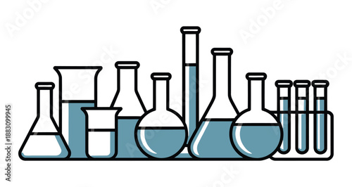 A collection of laboratory glassware on a shelf in a science lab