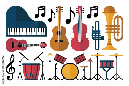 A colorful illustration of various musical instruments and notes on a white background