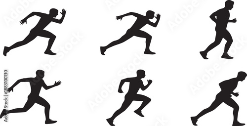 Six running silhouettes of men in various sprinting poses on white background