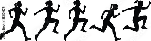 Silhouette sequence of female runner in motion showing running stages, fitness training, athletic movement concept isolated on white background flat vector illustration