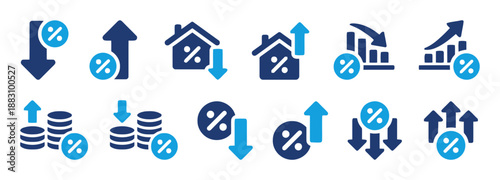 Financial Rate Icons Set Down And Up Trends House Chart And Money Symbols