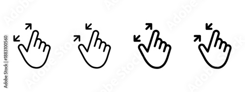 Gesture Icons Depicting Zoom In and Zoom Out Commands With Hand and Arrows For Interactive Touch Screen Interface or Application Control Set of Vectors on White