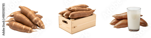 Sweet potatoes in various arrangements with milk on transparent background