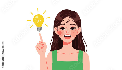 Cartoon character pointing at glowing light bulb symbolizing creative idea and inspiration moment