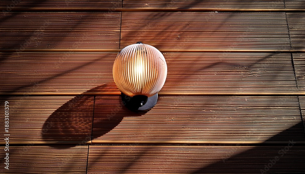 Obraz premium Modern Wall Sconce On Wooden Slatted Wall With Strong Shadow