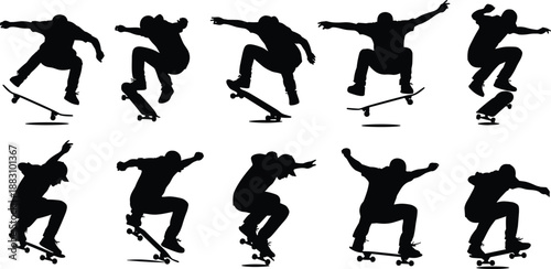 Collection of skateboarder silhouette sequences performing aerial tricks and jumps, dynamic skateboarding action poses isolated on white background for extreme sports design projects