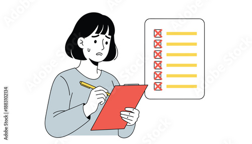 Illustration of worried person checking incomplete task list with red X marks and clipboard