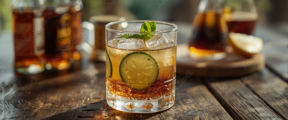 Fototapeta premium Classic cocktail featuring cucumber, cola, and brandy served on a wooden table - close-up view