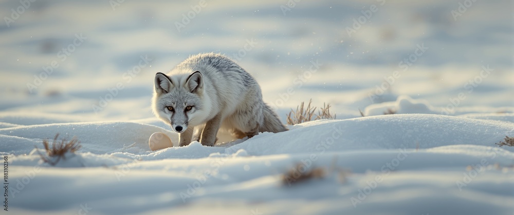 Fototapeta premium Svalbard Arctic fox takes egg