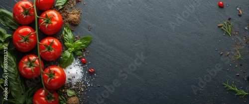 Panel kuchenny z motywem Black background with tomatoes and spices seen from above