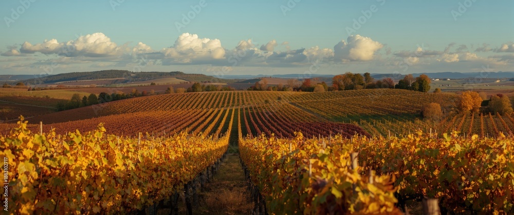 Naklejka premium Rolling hills feature a vineyard where grapevines shine in vibrant autumn shades of gold, red, and orange