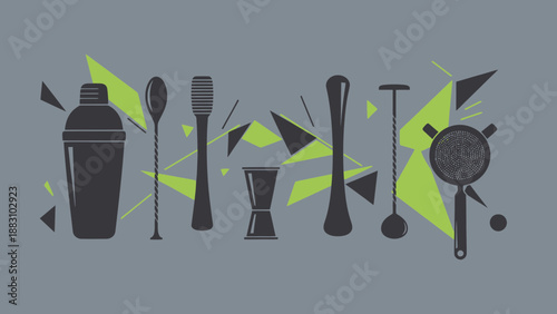 Minimalist Cocktail Equipment Display Featuring Geometric Accents and a Modern Design