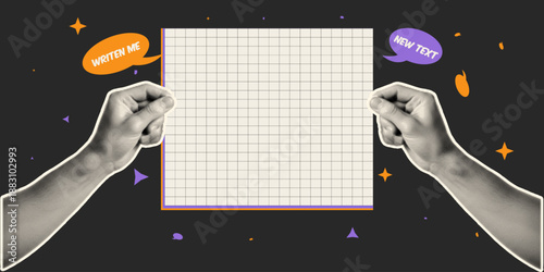 Halftone, pop art, dot hands holding blank grid paper sheet with speech bubbles vector illustration
