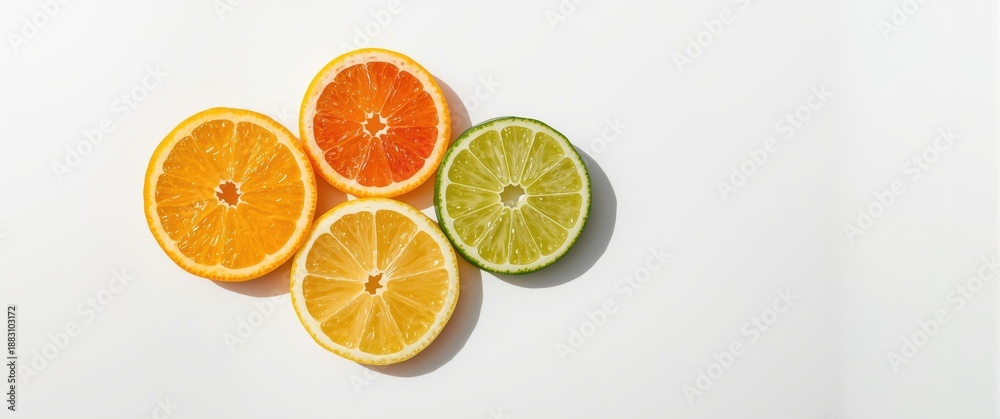 Obraz premium Colorful citrus slices arranged on a white background, clipping path included