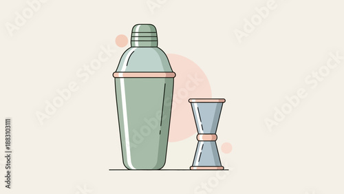 Minimalist Cocktail Shaker And Jigger Illustration Against A Neutral Background
