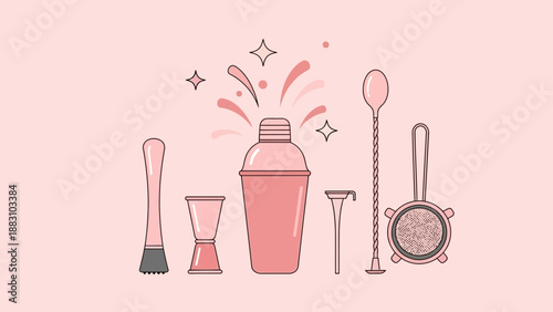 Minimalist Cocktail Tools Illustration On A Pastel Pink Backdrop Is Elegant And Stylish
