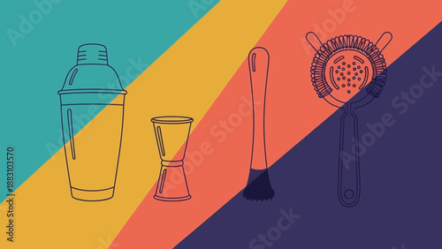 Minimalist Cocktail Tools On Colorful Geometric Background For Drinks Creations
