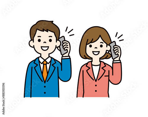 スマートフォンで話す・通話する、若い男女のビジネスパーソンのベクターイラスト素材セット