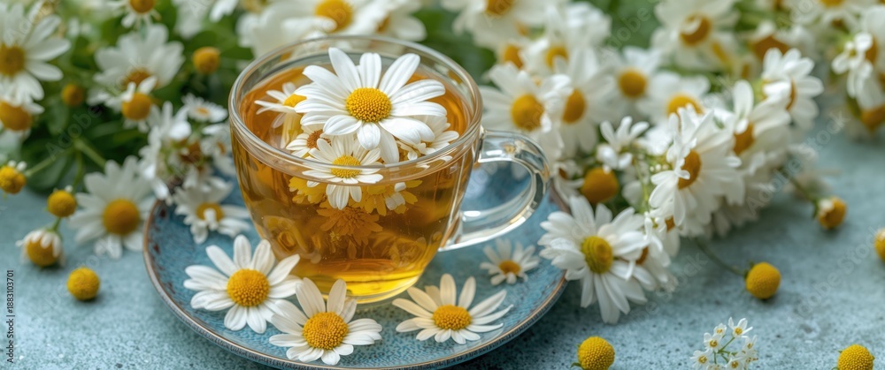 Fototapeta premium Chamomile herbal tea in a glass teacup on a blue plate, seasonal cold flu relief, antidepressant, and stomach cramps remedy