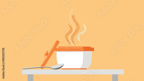 Minimalist Illustration Of A Hot Pot With Steam Rising Over A Tabletop In Warm Tones