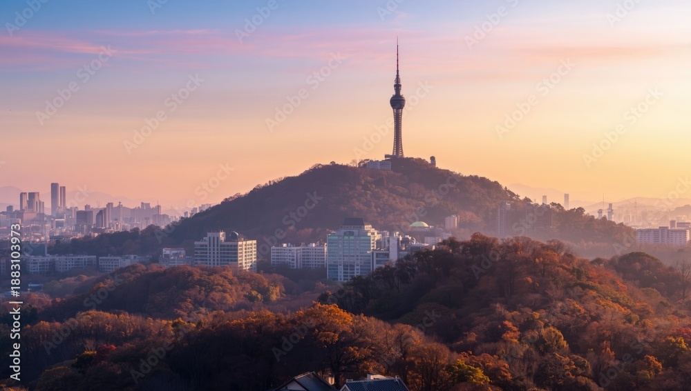 Obraz premium Seoul's Namsan Mountain in autumn with sunrise sky, highlighting seasonal foliage in an urban setting