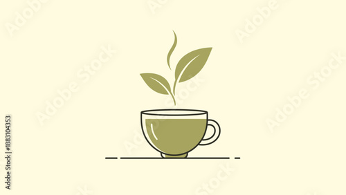 Minimalist Green Tea Cup With Leaf Embellishments And Subtle Steam Vector Illustration