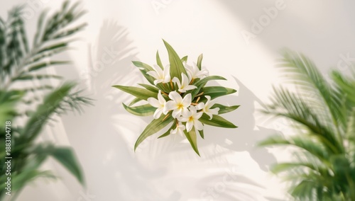 Soft-focused Plumeria leaves with a light backdrop, ideal for editorial header backgrounds