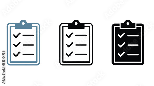 Three clipboards with checklists in different colors on a white background
