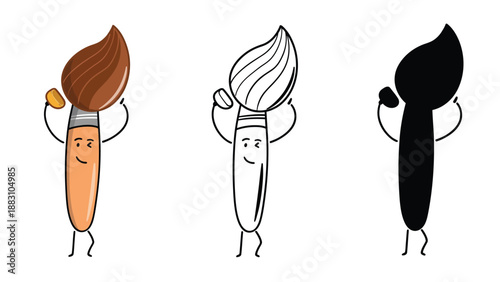 Three cartoon paintbrushes in different colors standing on a white background