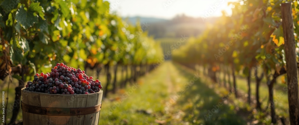Obraz premium Harvesting grapes with ripe ones inside a bucket