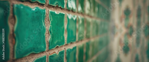 Traditional glazed tile on Lisbon house facade featuring green glaze