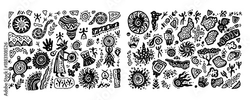 Africa shapes set of elements. Ethnic symbols, drawings of Africans. Ethiopia. Vector illustration tribal geometric decoration Isolated. Vector Ancient indian shapes and animal print doodles. 