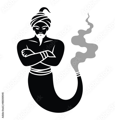 A black and white illustration of a genie with a turban and smoke coming out of his tail.
