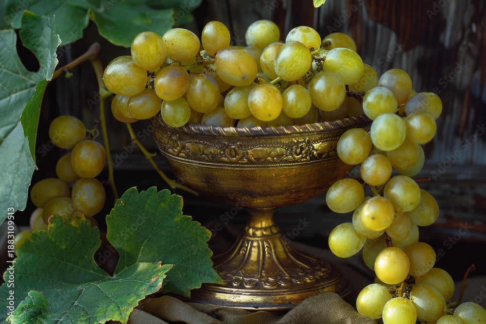 Obraz premium Ripe green grapes cascading from an antique golden bowl, adorned with intricate carvings and surrounded by lush vine leaves, create a still life composition
