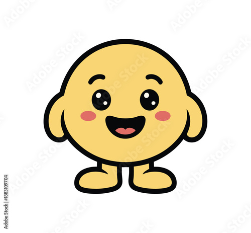 A cheerful cartoon character with a big smile and rosy cheeks stands alone on a white background