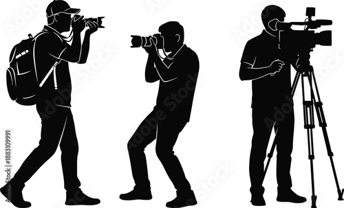 Photographer and videographer silhouettes, professional camera operators capturing photos and video, media production concept vector illustration set for journalism, filmmaking, content creation