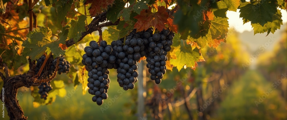 Obraz premium Black ripe grapes forming clusters in autumn