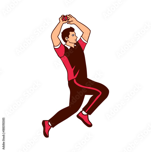 Illustration of a cricket bowler jumping during bowling delivery, representing speed, strength, and professional cricket action.