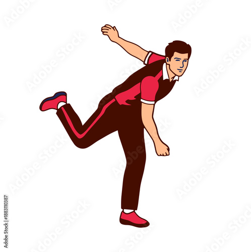 Illustration of a cricket bowler completing the bowling follow-through after delivering the ball, representing movement, balance, and professional cricket action.