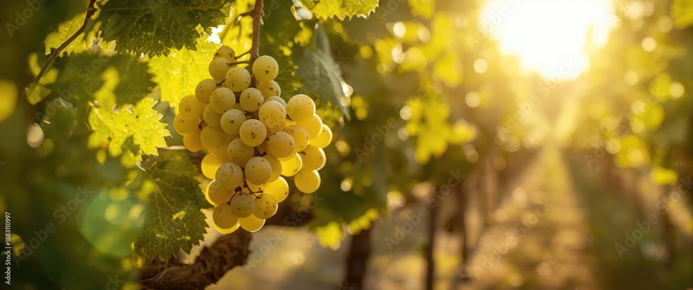 Obraz premium White wine grapes and grape leaves in a vineyard, close-up shot
