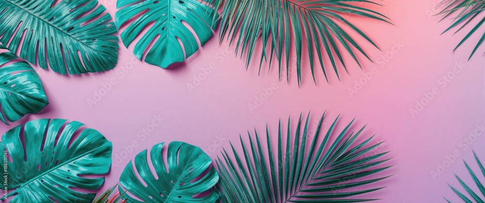 Naklejka premium Trendy turquoise-colored tropical leaves in close-up on a bright pink and violet background. Frame with copy space. Flat lay, top view, clipping path included.