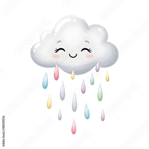 Smiling cartoon cloud with colorful raindrops isolated