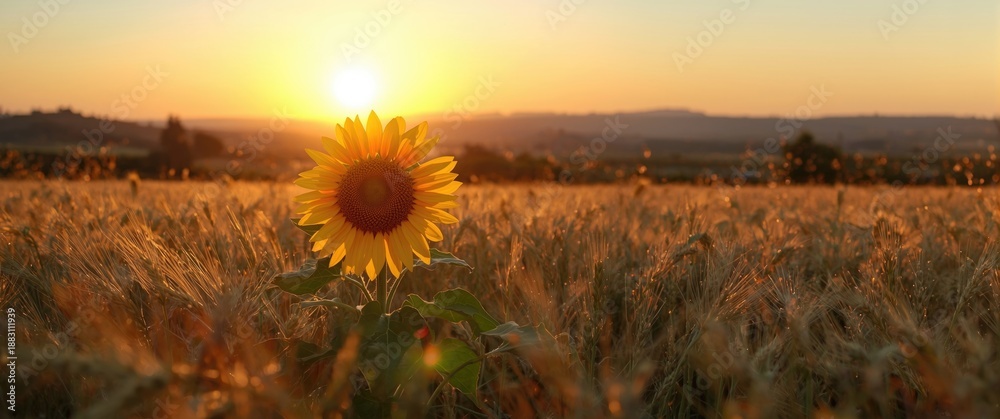 Fototapeta premium Tranquil evening with a tiny sunflower amidst ripe barley during Shavuot in Ayalon Valley, Central Israel