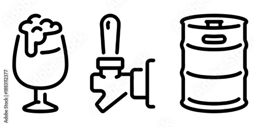 Set of beer icons showing glassware and equipment for serving beverage with elements of glass filled with beer and keg for serving liquid