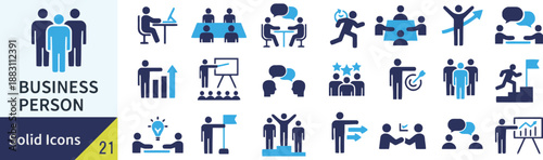 Set of business person icons in solid style leadership teamwork and professional activities entrepreneurship management and career development