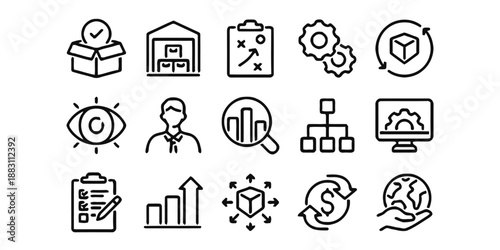 Set of Business Strategy Icons Depicts Supply Chain Management Logistics Analysis and Planning Product Development Marketing for Corporate Growth and Operational Efficiency