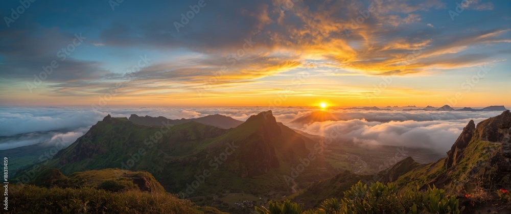 Fototapeta premium Madeira's Mountain Peaks and Ridges Providing a Stunning Sunrise Scene with Ocean Clouds