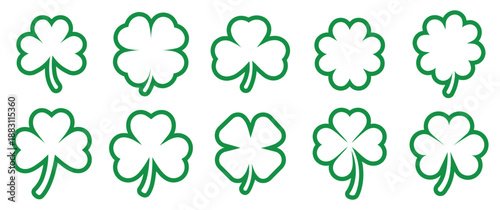 Green clover and shamrock vector icons in minimalist outlines. Set of 3 and 4-leaf symbols on white for St. Patrick's Day design, luck concepts, and Irish heritage graphics. Clean, flat aesthetic.